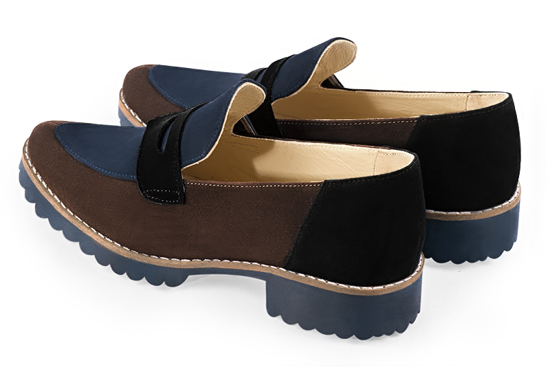 Dark brown, navy blue and matt black women's casual loafers. Round toe. Flat rubber soles. Rear view - Florence KOOIJMAN